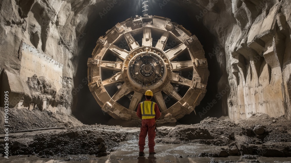 Poster a detailed portrait of a tunnel engineer supervising tunnel boring machine operations underground, t