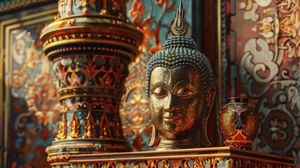 Fototapeta premium Golden Buddha Sculpture with Intricate Background