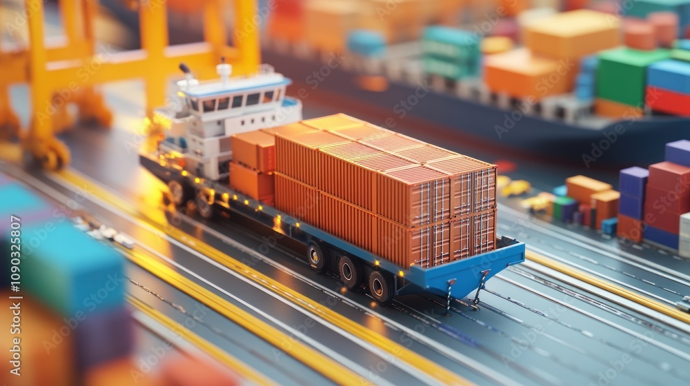 Poster a detailed scene of a truck loading cargo containers at a busy shipping port.