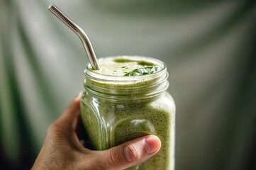 Fresh Green Smoothie in Hand: Healthy Drink with Spinach and Natural Vibes
