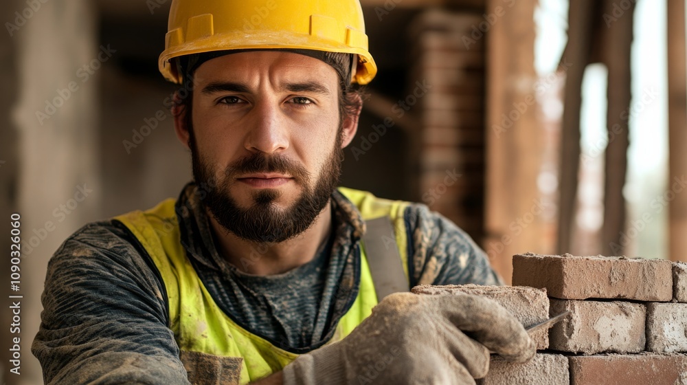 Poster a detailed view of a bricklayer in a hard hat and safety vest, holding a trowel and looking directly