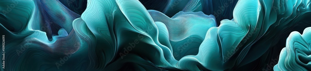 Poster abstract fluid shapes in turquoise and dark hues, evoking movement and depth.