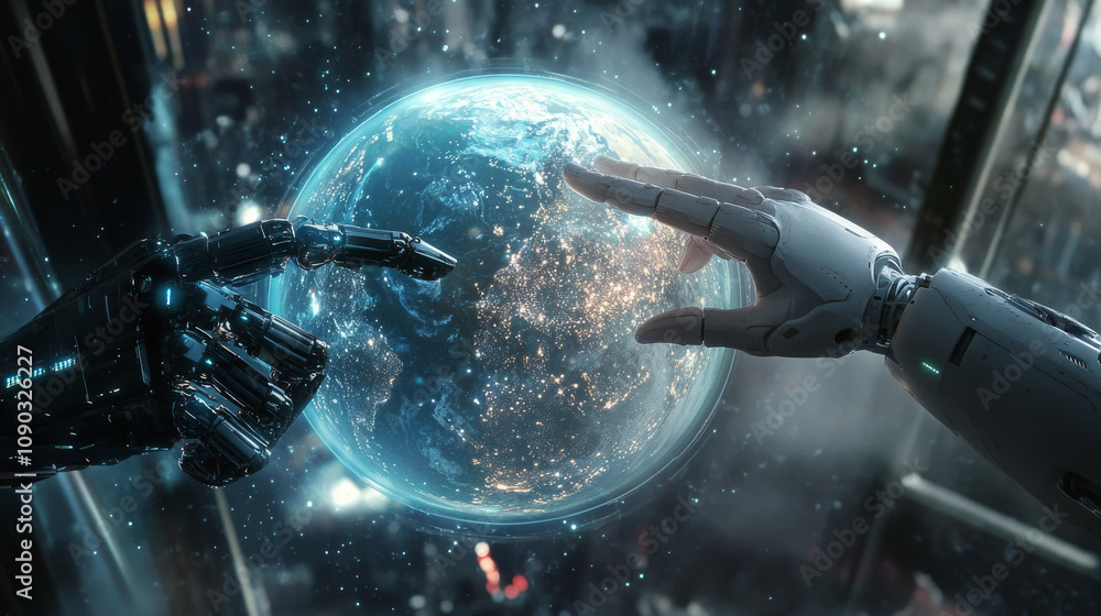 Poster a robot and human hand touch a virtual globe. this shows ai and global sharing of information.