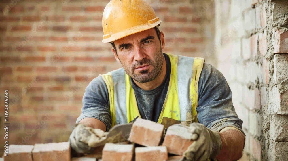 Poster a detailed view of a bricklayer in a hard hat and safety vest, holding a trowel and looking directly