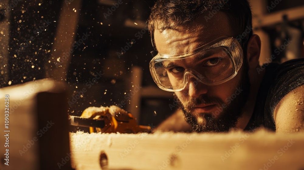 Poster a detailed view of a carpenter wearing safety goggles and holding a chisel, with a background of woo