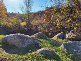 Autumn park in a mountain valley. Beautiful landscape