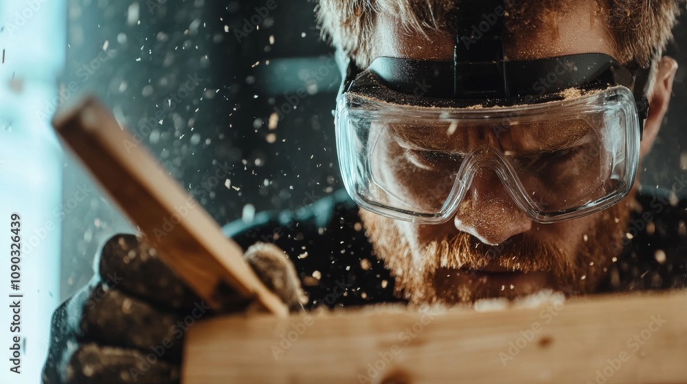Poster A detailed view of a carpenter wearing safety goggles and holding a chisel, with a background of wooden planks and sawdust, Carpentry workshop scene