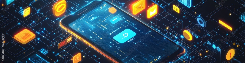 Poster A smartphone displaying digital icons and interfaces, symbolizing technology and connectivity.