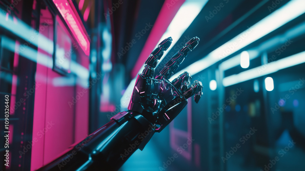 Poster a robot hand reaches out from a computer-generated image, showing what the future might look like.