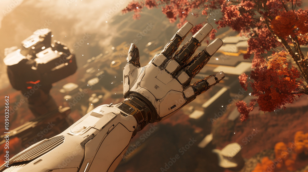 Poster a robot hand reaches out from a computer-generated image, showing what the future might look like.