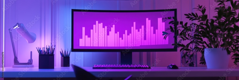 Poster A modern workspace featuring a large monitor with a colorful graph, plants, and ambient lighting.