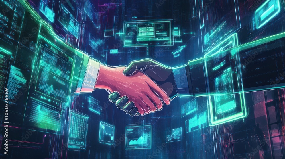 Aufkleber A digital handshake symbolizes partnership and collaboration in a tech-driven environment.
