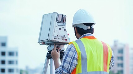 Obraz premium A detailed view of a civil engineer in a hard hat and reflective vest, holding surveying equipment, with a bridge under construction in the background