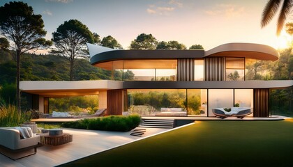 Fototapeta premium Serene Modern Escape: A Fusion of Luxury and Nature