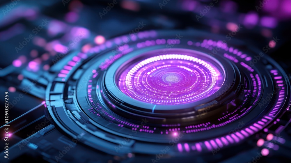 Aufkleber a futuristic circular design with glowing purple patterns, suggesting technology and innovation.