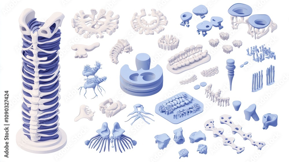 Poster a collection of stylized vertebrae and skeletal structures for educational or design purposes.