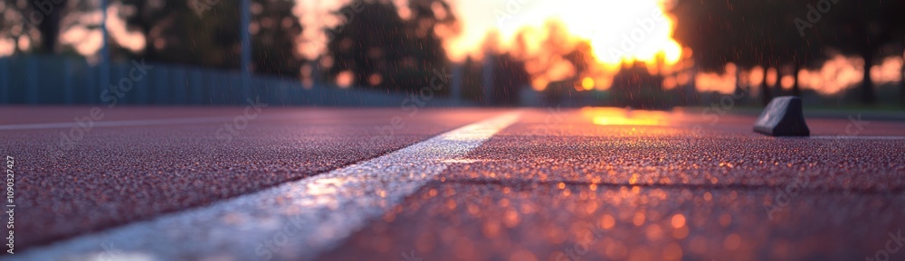 Aufkleber A close-up view of a running track at sunset, highlighting the surface and distant trees.