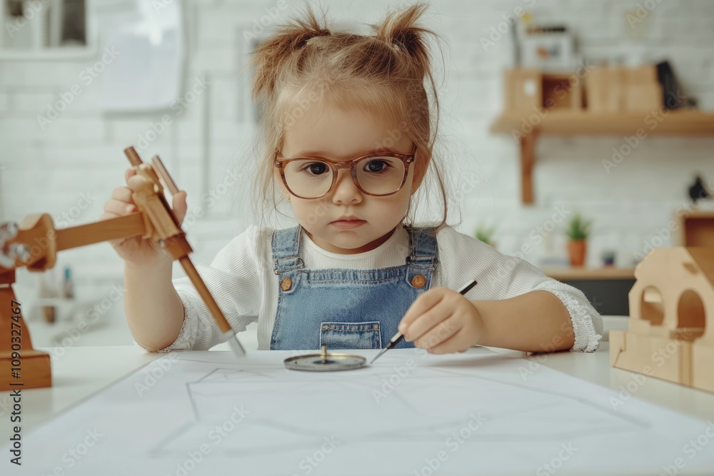 Aufkleber a young girl with glasses sketches designs using drafting tools on a large sheet of paper.