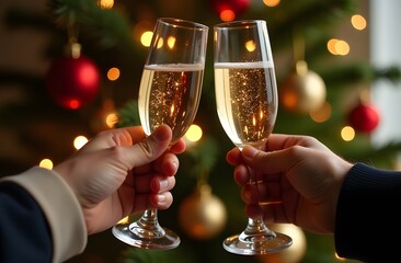 Close-up of two hands toasting champagne glasses in front of a decorated Christmas tree with golden and red balls