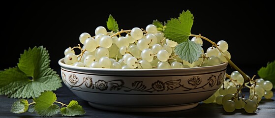 A delicate bowl filled with pale green grapes, elegantly arranged with fresh leaves against a dark background.