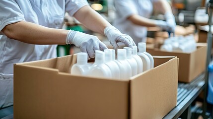 Factory workers packing bottles in cardboard boxes on an assembly line in a production facility for cosmetics or personal care products