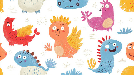 Fototapeta premium A seamless pattern of whimsical cartoon dragons in various colors and styles with a white background.