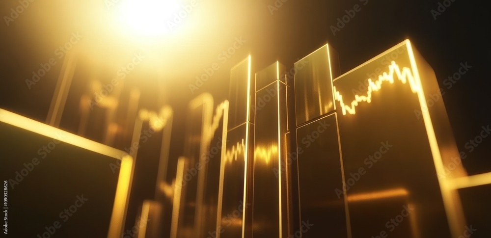 Poster Abstract representation of financial data with glowing bars and upward trends.