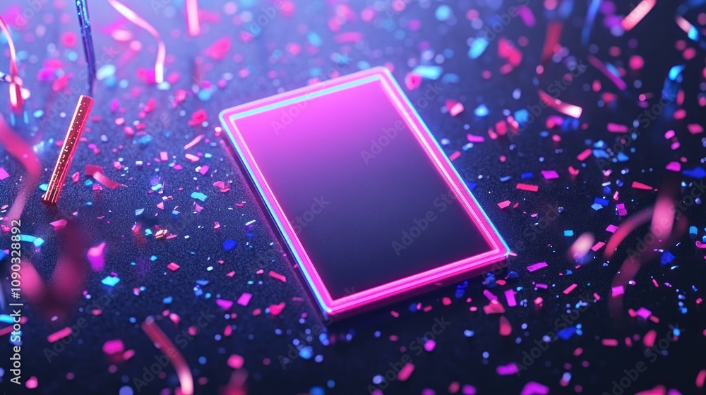 Poster A glowing rectangular frame surrounded by colorful confetti on a dark surface.