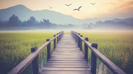 Obraz premium Serene Wooden Pathway Through Lush Rice Field Under Soft Morning Light with Mountains and Birds in the Background