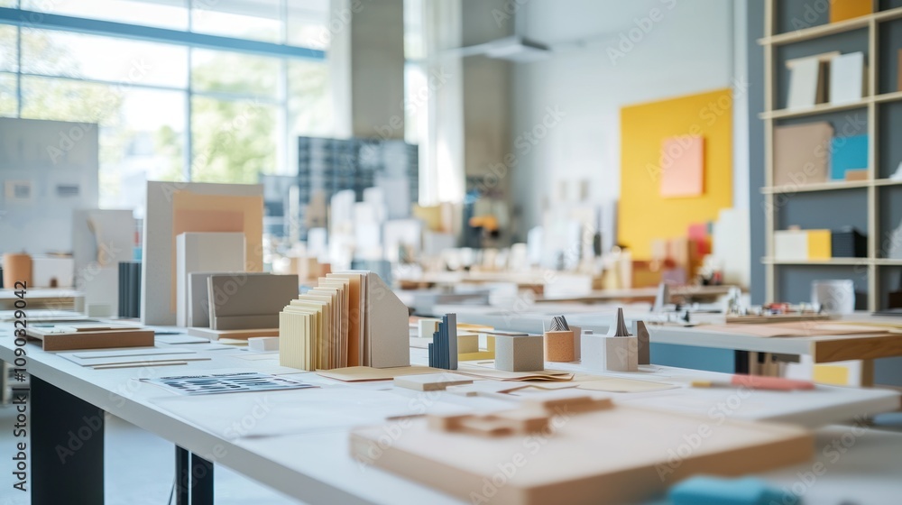 Aufkleber A design studio filled with architectural models and materials for creative projects.