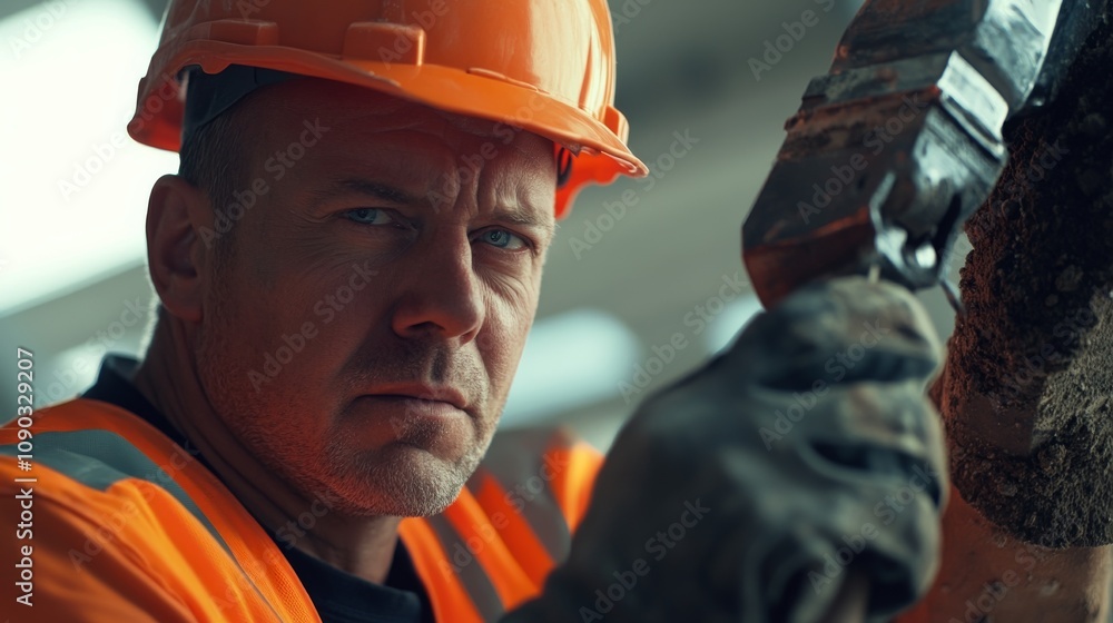 Poster a detailed view of a construction worker in a neon orange hard hat and safety gloves, operating a ja