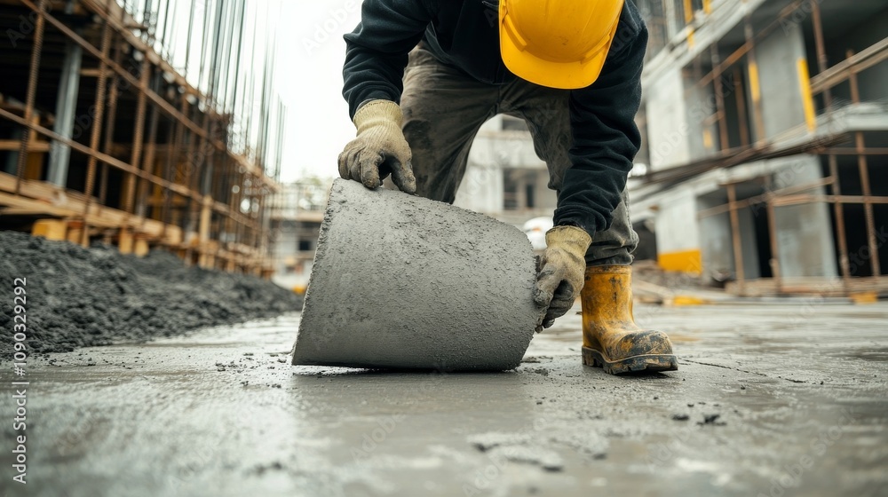 Poster a detailed view of a construction worker in a yellow hard hat and safety mask, examining a structura