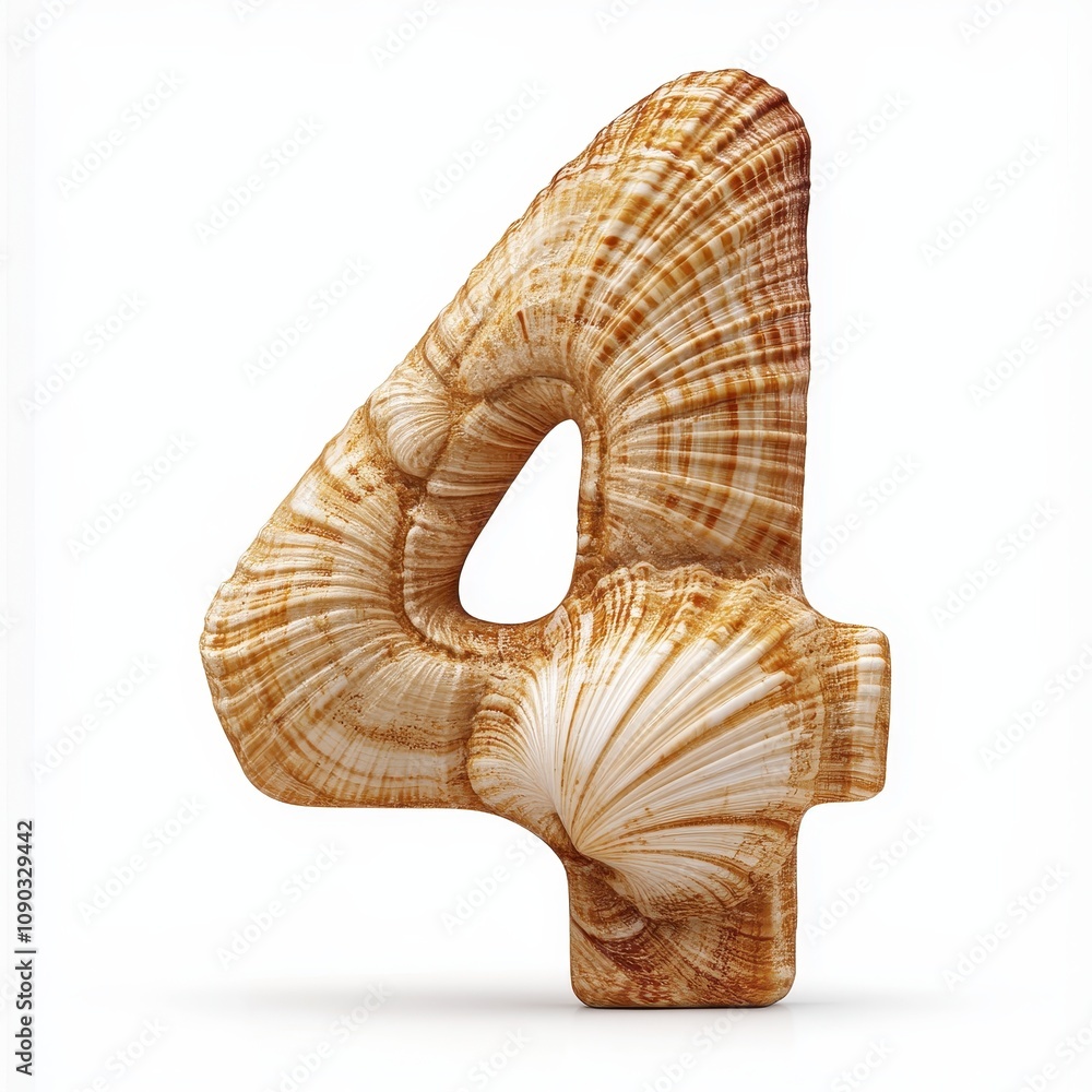 Poster a textured number four resembling a seashell, combining nature and design elements.