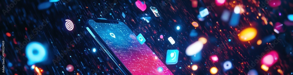 Poster a smartphone surrounded by colorful digital icons, symbolizing technology and connectivity.