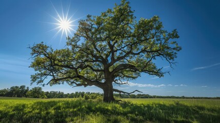 Obraz premium Majestic Tree Under Bright Sunlight in Open Field