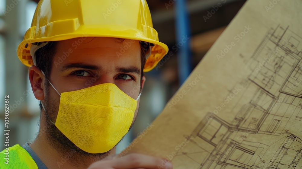 Poster a detailed view of a construction worker in a yellow hard hat and work boots, handling a constructio