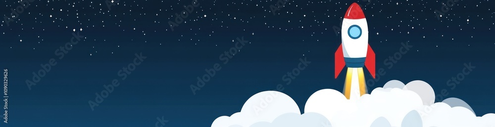 Poster a stylized rocket launching into a starry sky, symbolizing exploration and innovation.