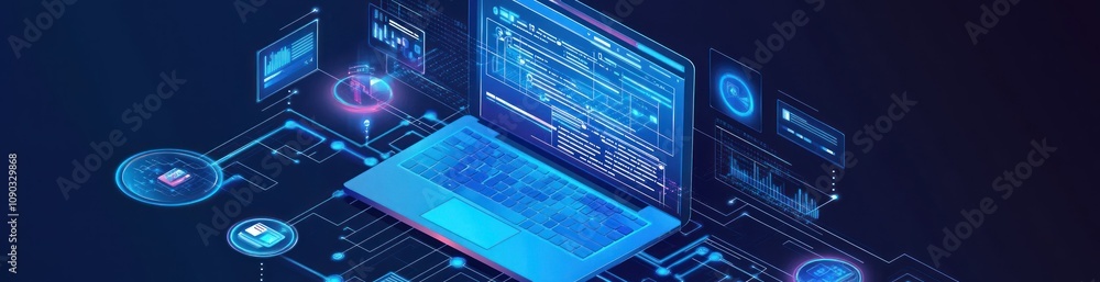 Poster Digital laptop displaying code and connected technology elements.