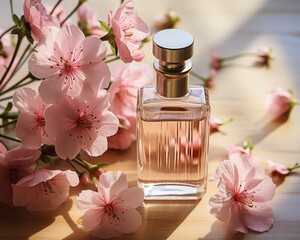 A delicate perfume bottle rests among soft pink flowers, exuding a sense of elegance and natural beauty.