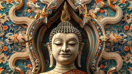 Serene Buddha Sculpture with Intricate Background Design