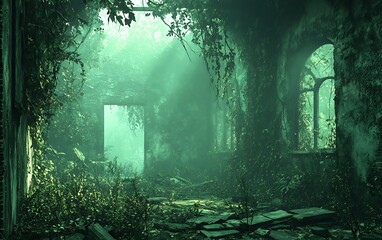 Fototapeta premium Abandoned overgrown church ruins, eerie green light.