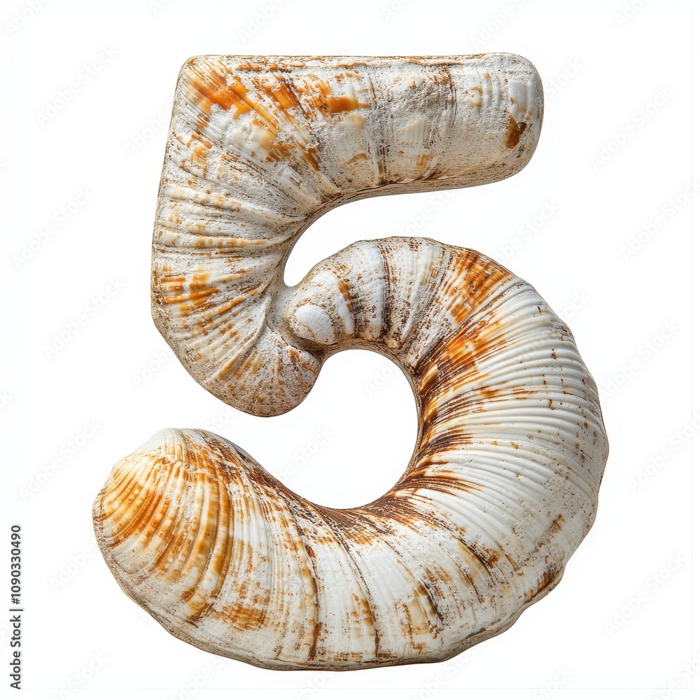 Poster a decorative number five shaped like a seashell, showcasing a unique and artistic design.