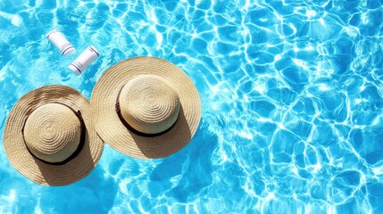 Two Stylish Straw Hats Floating on a Bright Blue Swimming Pool Surface with Sparkling Water Reflections and a Relaxing Summer Ambiance