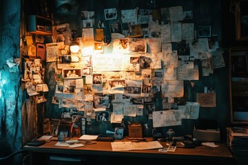 Detective workplace, crime investigation, solving mysteries. Quest room.