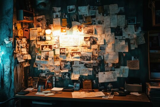 Detective workplace, crime investigation, solving mysteries. Quest room.