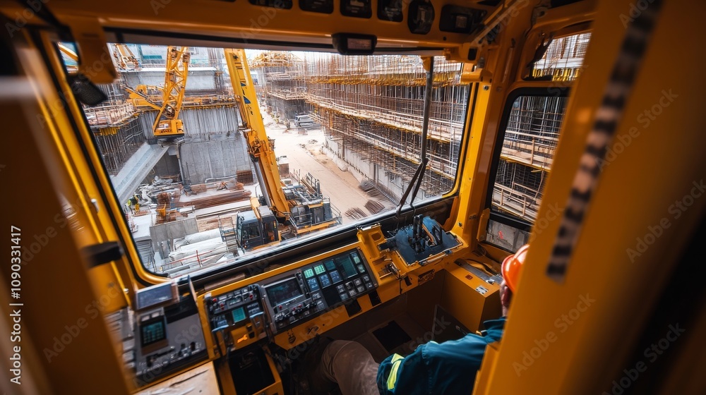 Poster a detailed view of a crane operator inside the cabin, maneuvering heavy machinery amidst constructio