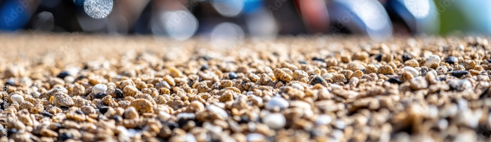 Poster close-up of gravel or pebbles on a surface, with blurred background elements.
