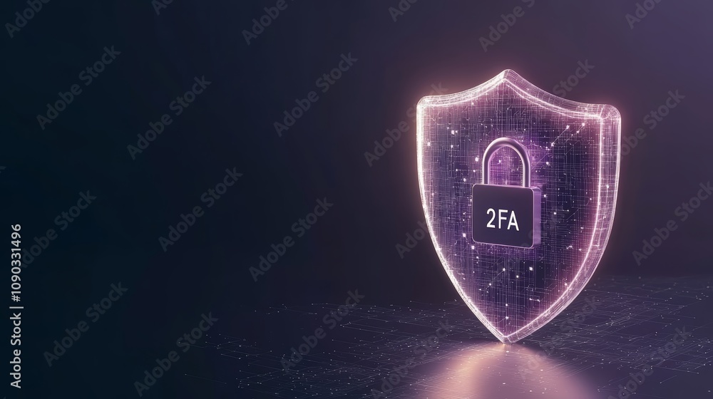 Poster secure your digital world, a purple shield with lock icon represents robust data protection and enha