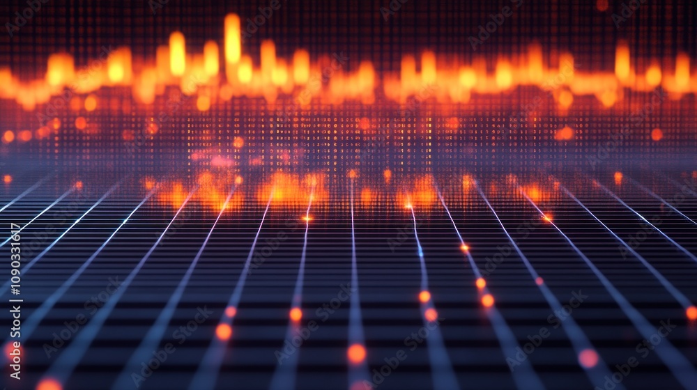 Poster Abstract visualization of sound waves represented in vibrant colors on a grid.
