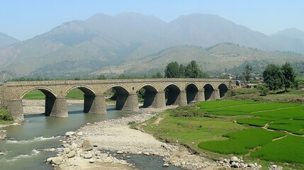 Scenic View of an Ancient Stone Bridge Over a River Surrounded by Lush Green Fields and Majestic Mountains Under a Clear Blue Sky